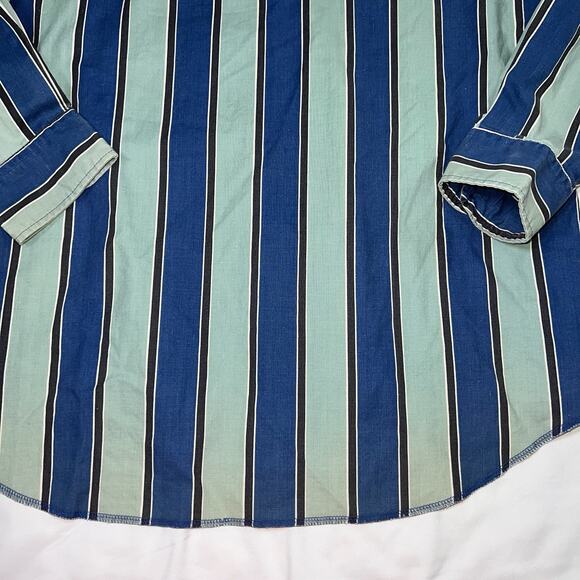 Wrangler Western Shirt Size 16.5 x 35 Blue Striped Aztec Pearl Snap Cowboy Cut - Picture 11 of 13